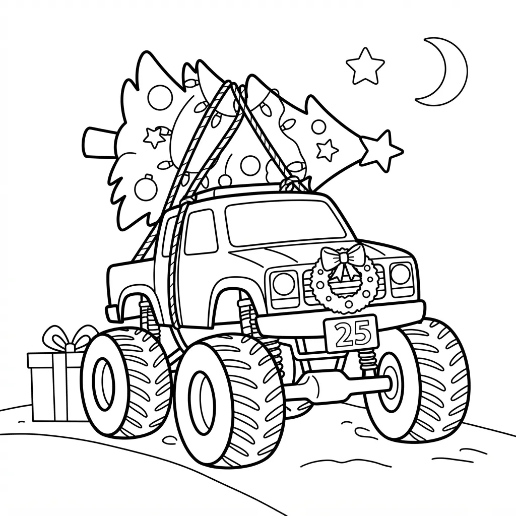 Monster Truck Coloring Page — Carrying a Christmas Tree on Roof