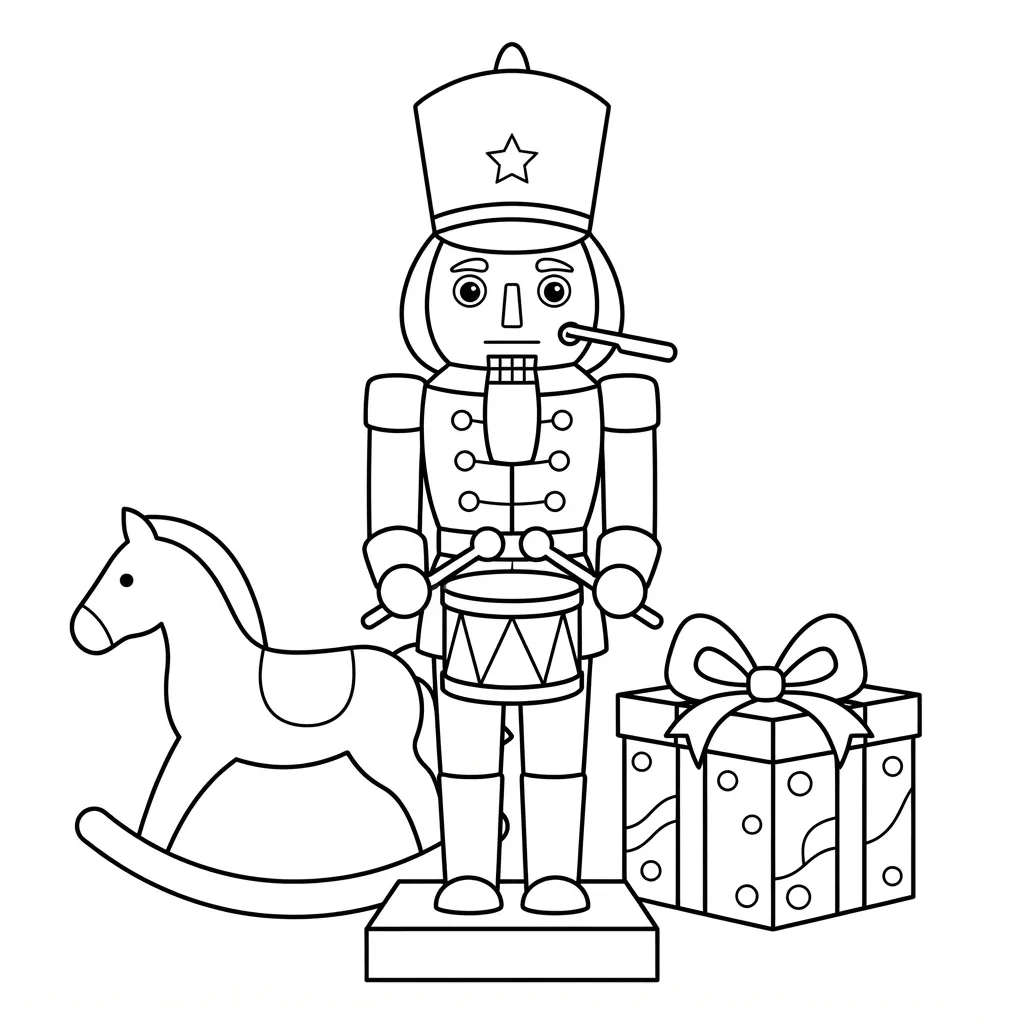 Easy Nutcracker Coloring Page — Standing With Drum and Toys