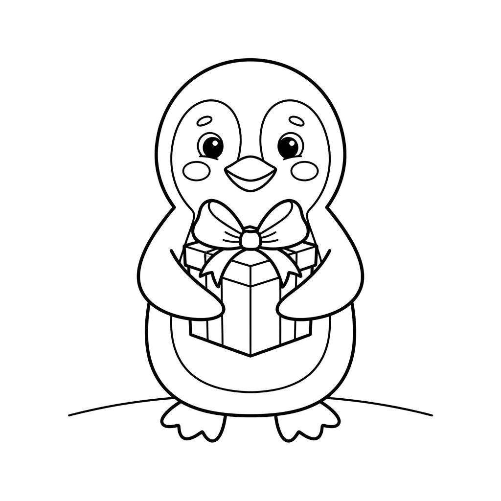Easy Penguin Coloring Page — Holding a Wrapped Present on Snow