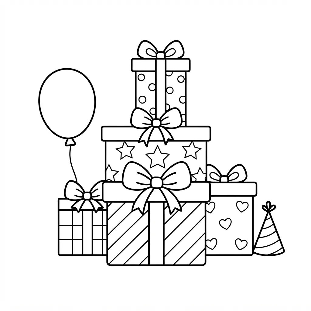 Easy Present Coloring Page — Stacked With Bows and Ribbons