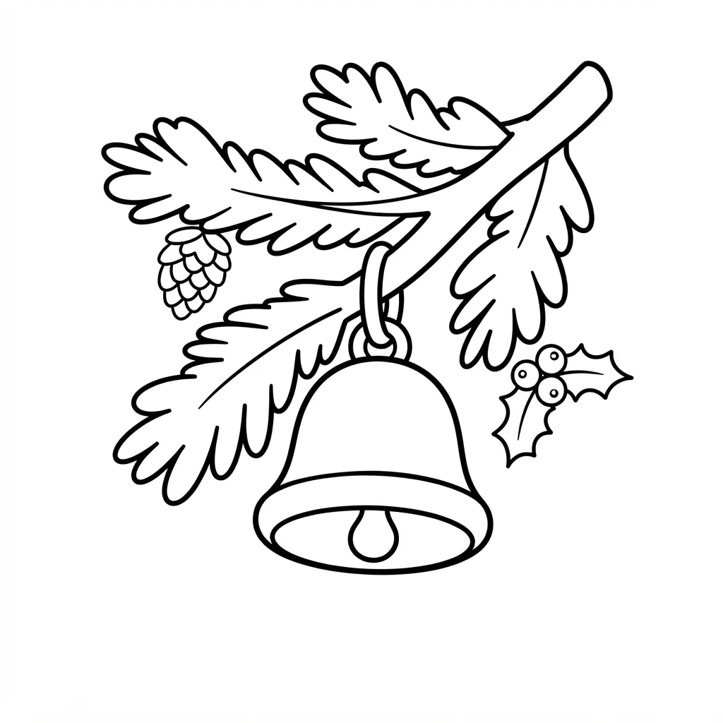Easy Pine Branch Coloring Page — With a Hanging Bell