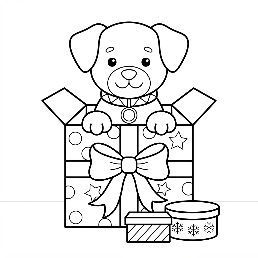 Easy Dog Coloring Page — Peeking Out of Present Box