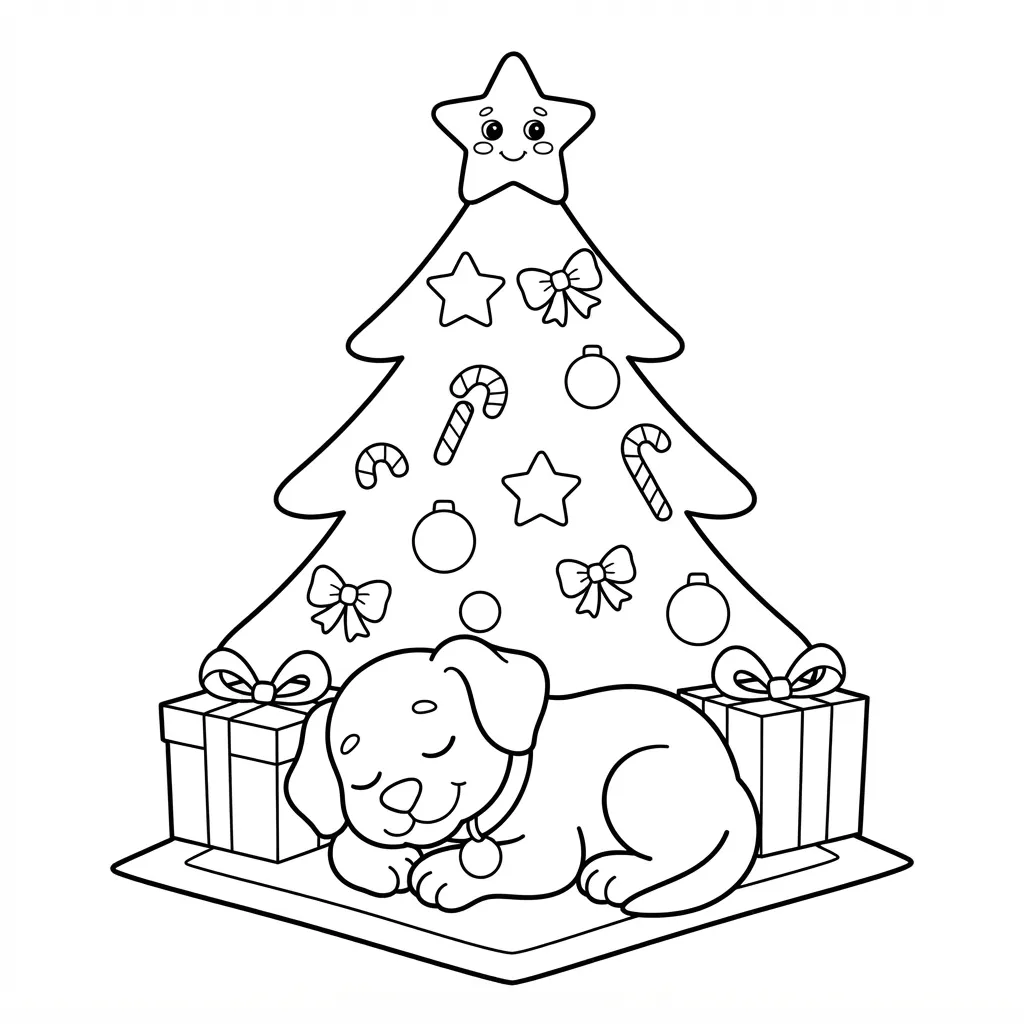 Easy Dog Coloring Page — Sleeping Under Christmas Tree