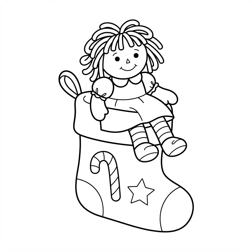 Easy Rag Doll Coloring Page — Sitting in a Stocking