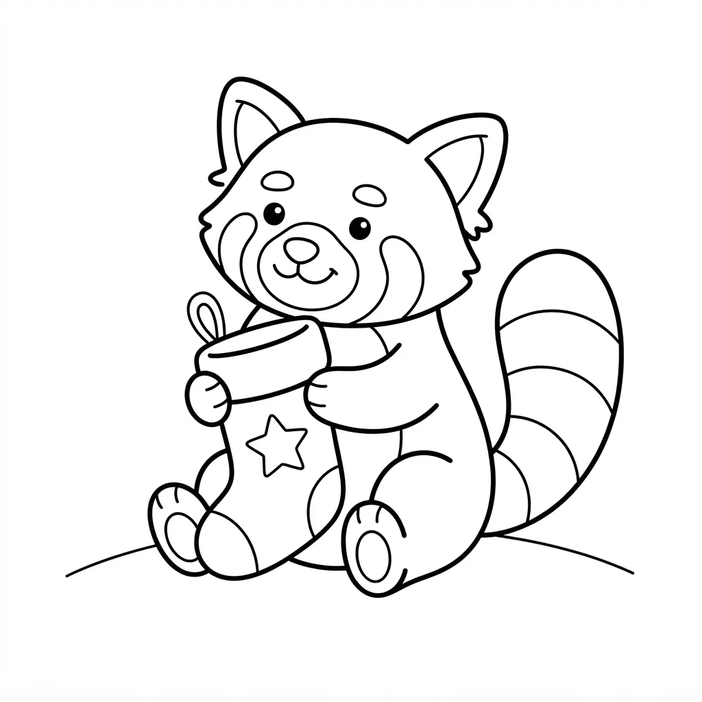 Easy Red Panda Coloring Page — Holding a Christmas Stocking