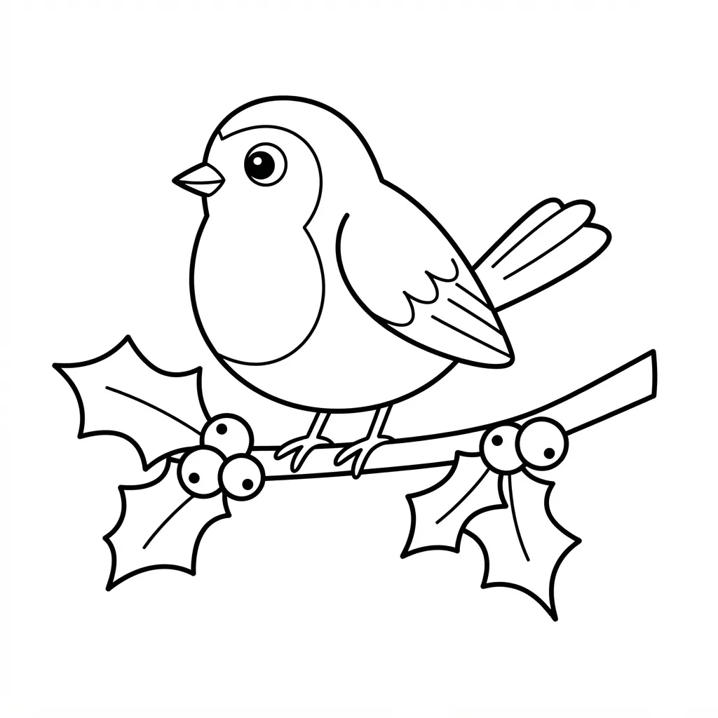 Easy Robin Coloring Page — Perched on a Holly Branch