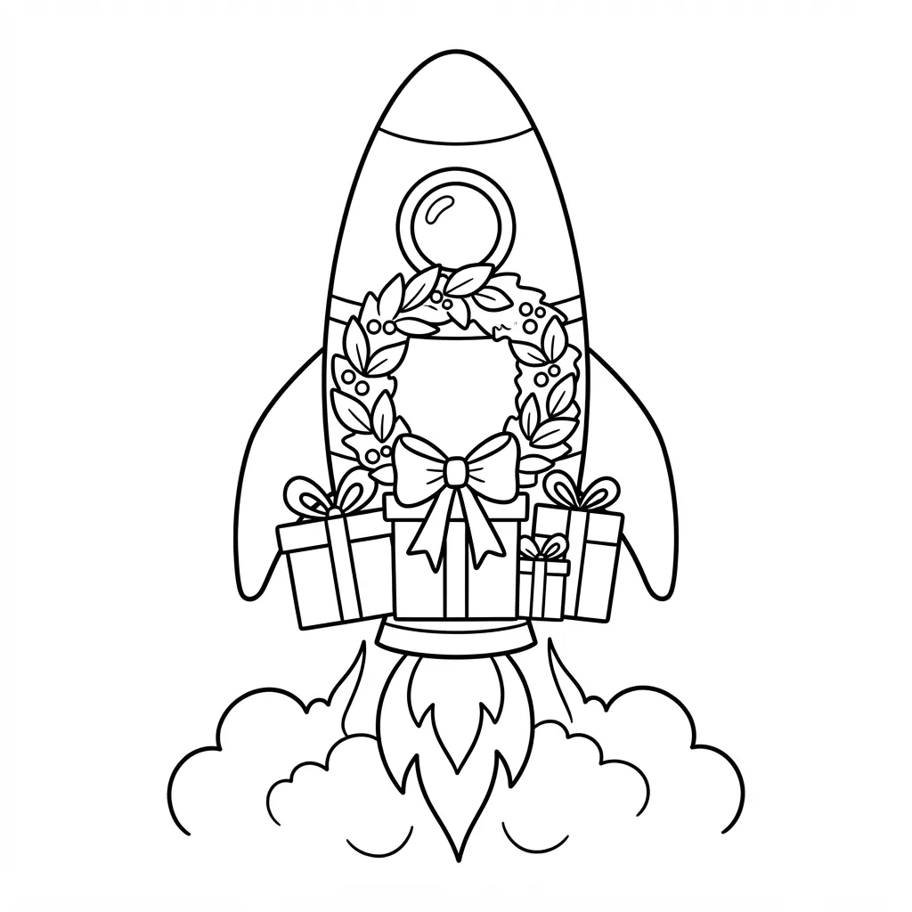 Easy Rocket Ship Coloring Page — Decorated With a Wreath