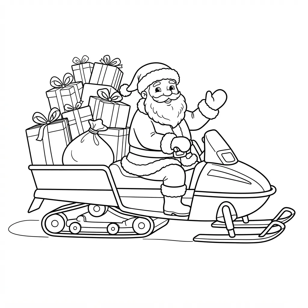 Santa Coloring Page — Riding a Snowmobile Loaded with Gifts