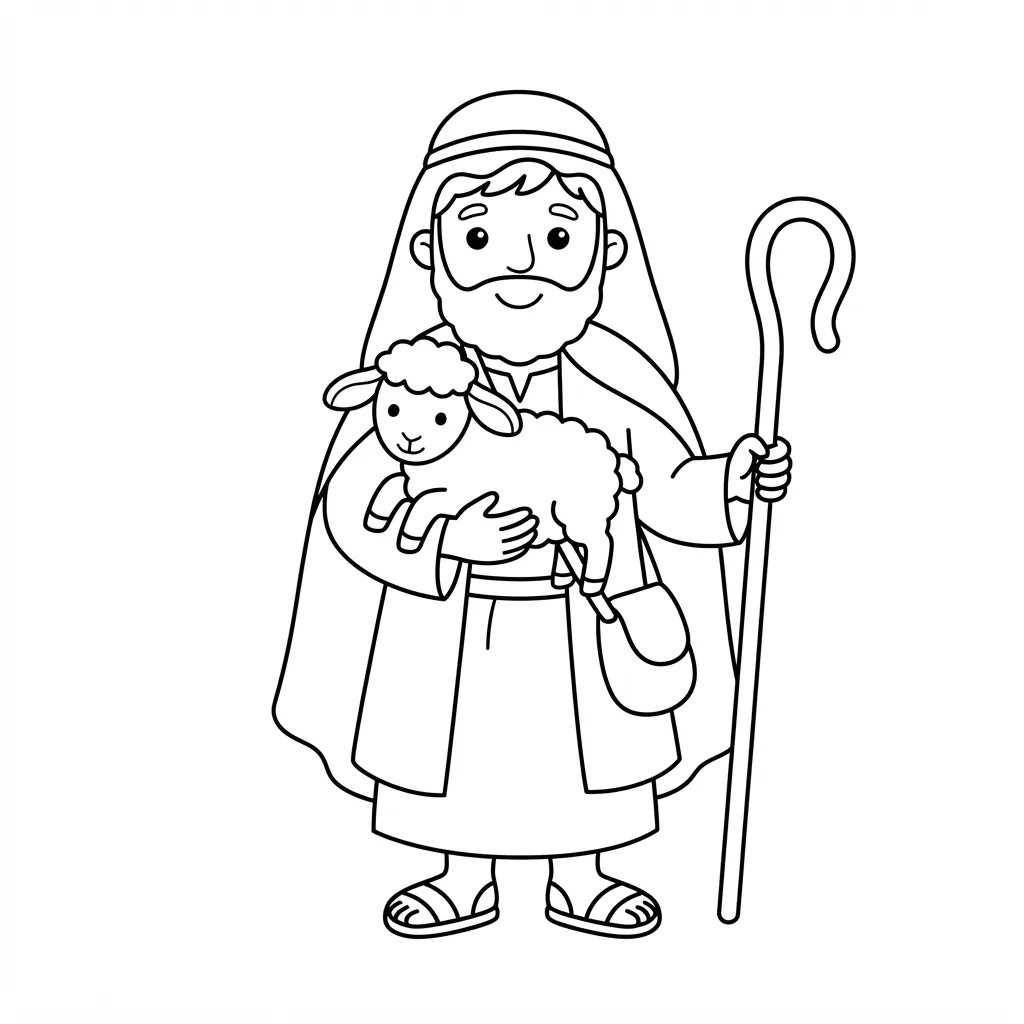 Easy Shepherd Coloring Page — Holding a Small Lamb