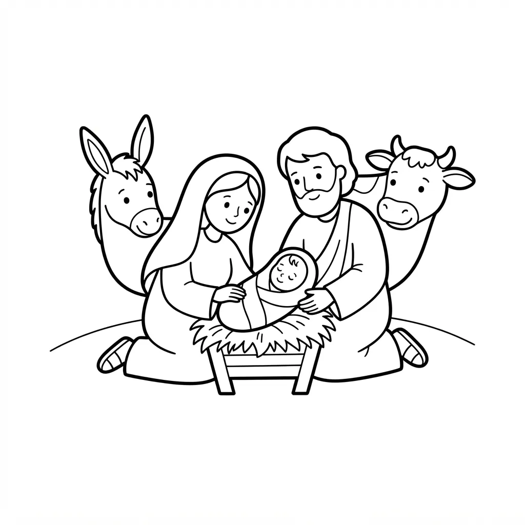 Easy Nativity Scene Coloring Page — Mary Joseph and Baby Jesus