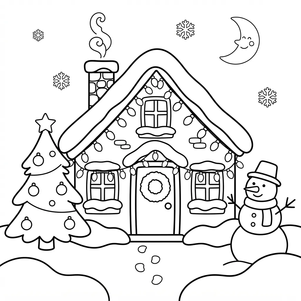 Easy House Coloring Page — Covered in Snow with Lights
