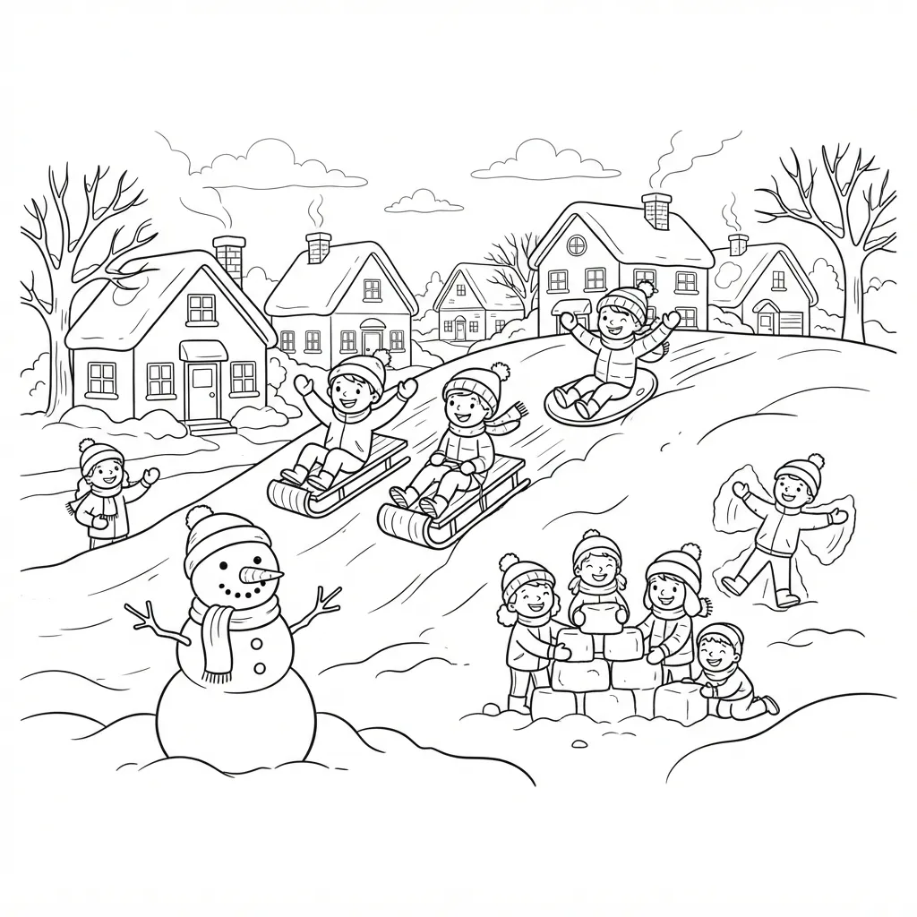 Sledding Coloring Page for Adults — Neighborhood Winter Snow Day