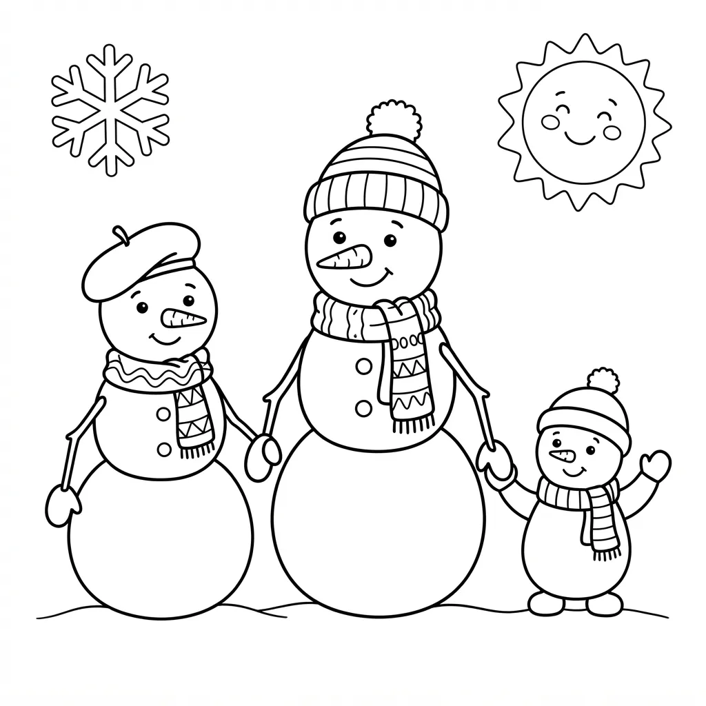 Easy Snowman Coloring Page — Family of Three Holding Hands