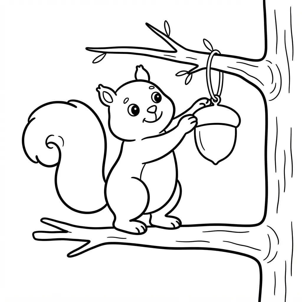 Easy Squirrel Coloring Page — Hanging an Acorn Ornament on a Branch