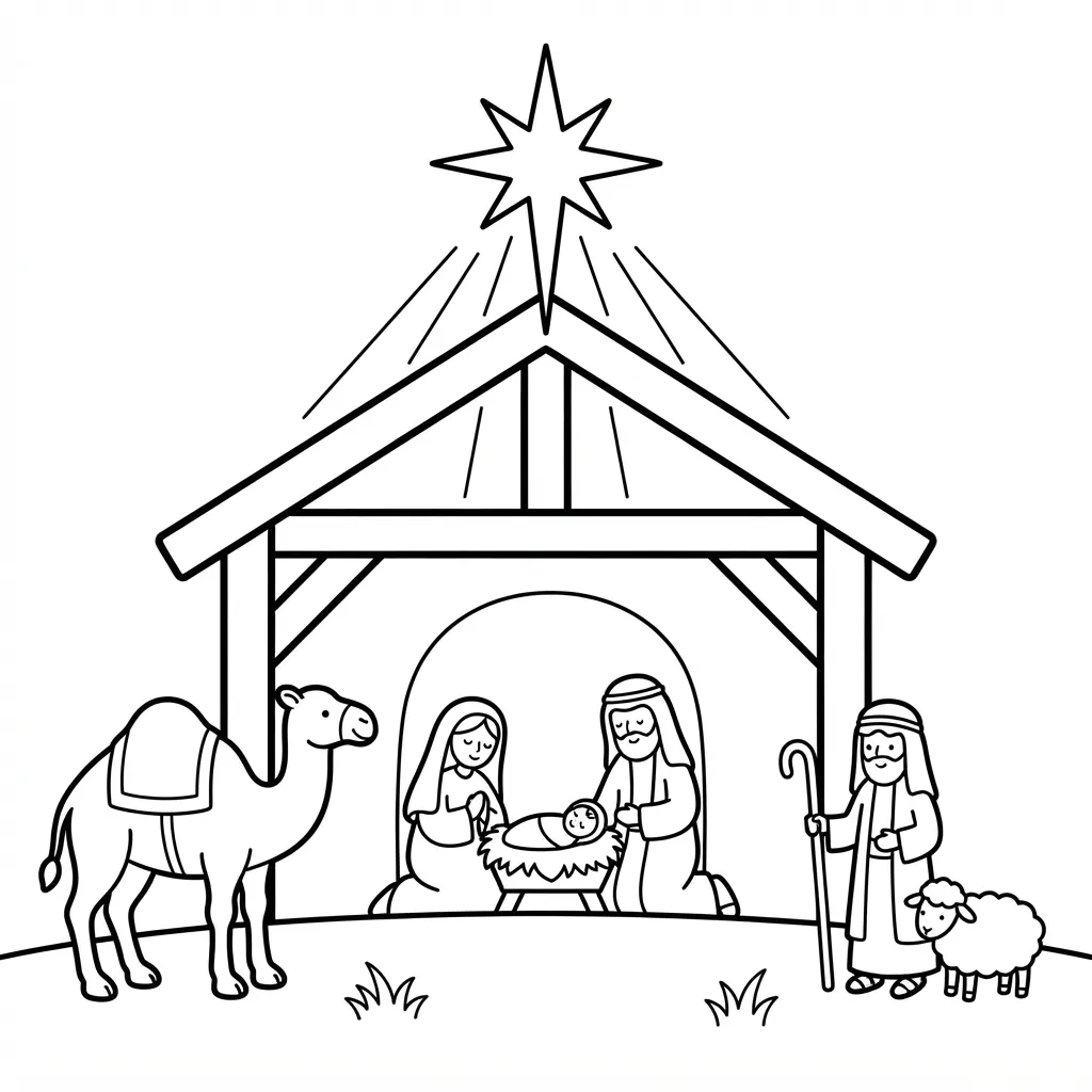 Easy Nativity Coloring Page — Star Shining Over a Stable