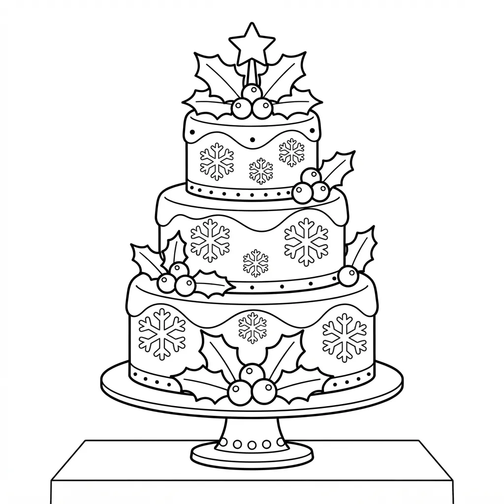 Christmas Cake Coloring Page for Adults — Tiered Cake with Holly and Snowflakes