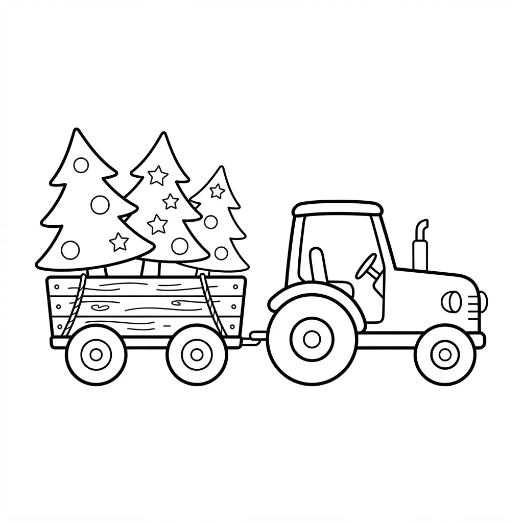 Easy Tractor Coloring Page — Pulling Trailer of Christmas Trees