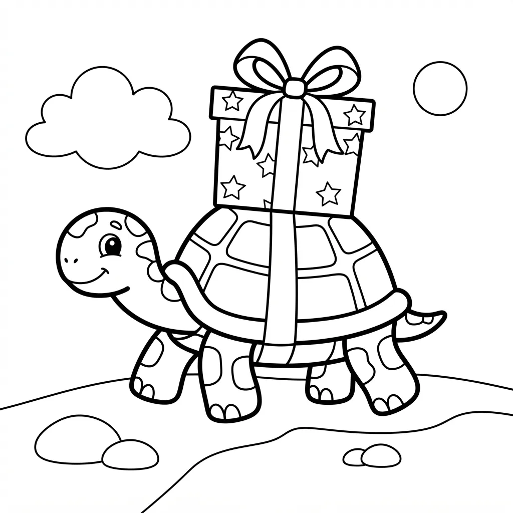 Easy Turtle Coloring Page — Carrying a Present on Its Shell