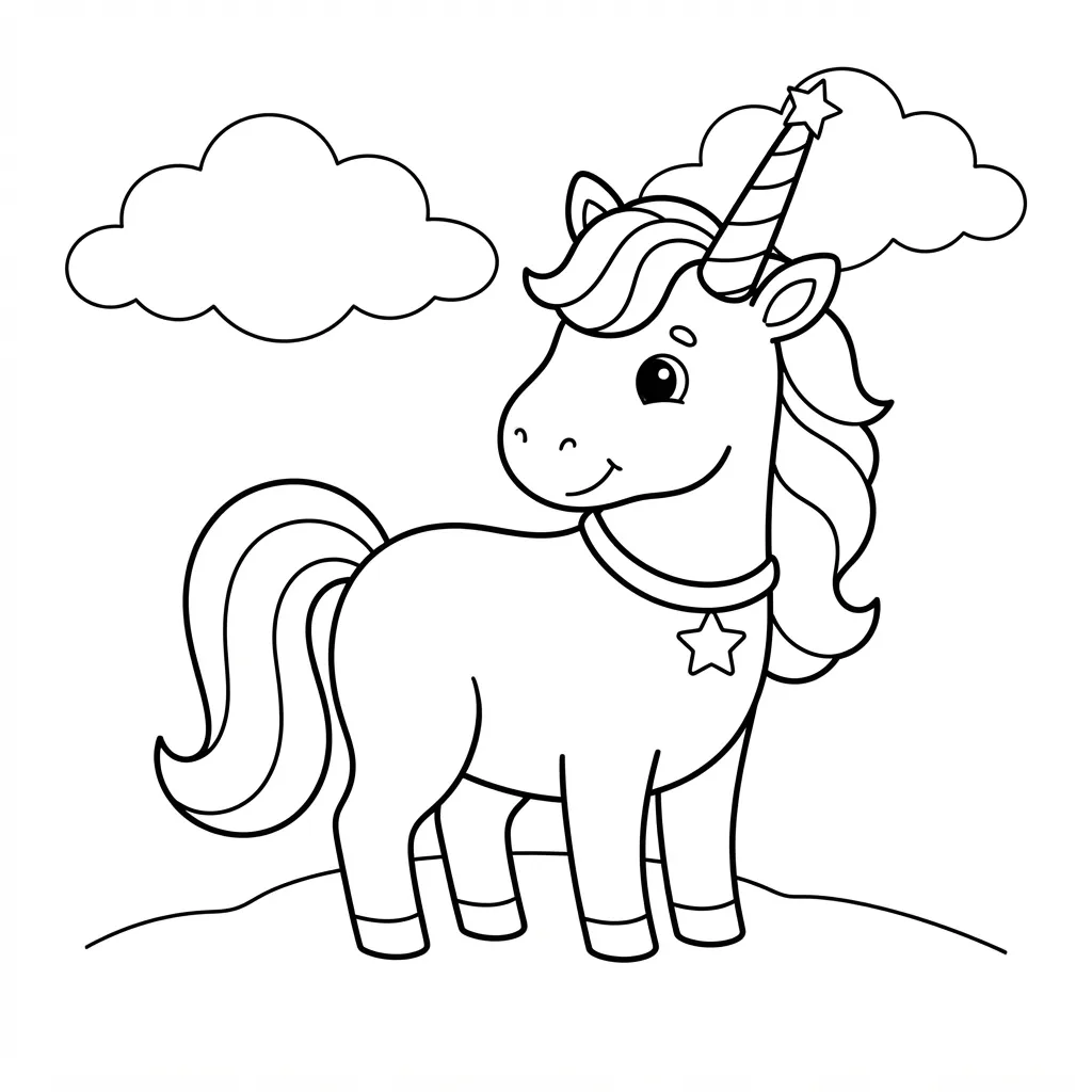 Easy Unicorn Coloring Page — Standing on a Grassy Hill