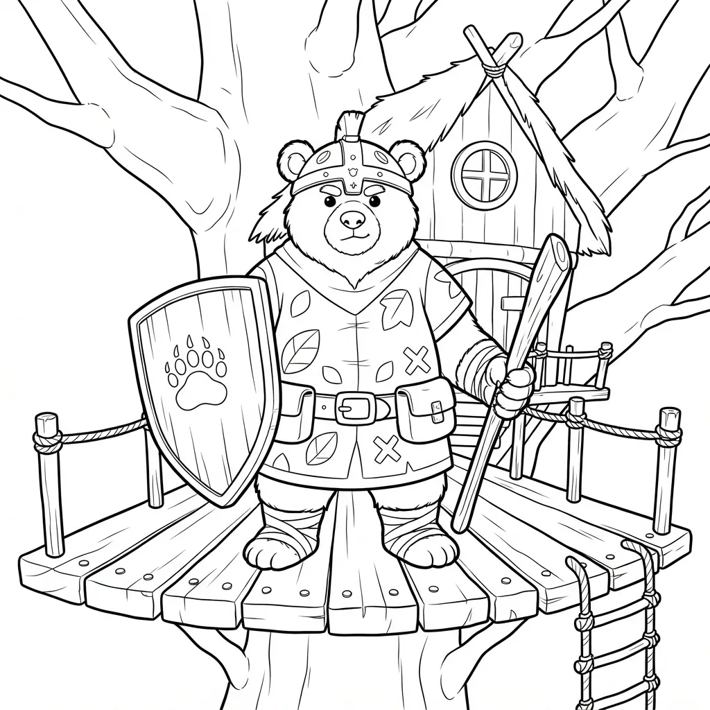 Warrior Coloring Page — Warrior Standing on Treehouse Platform