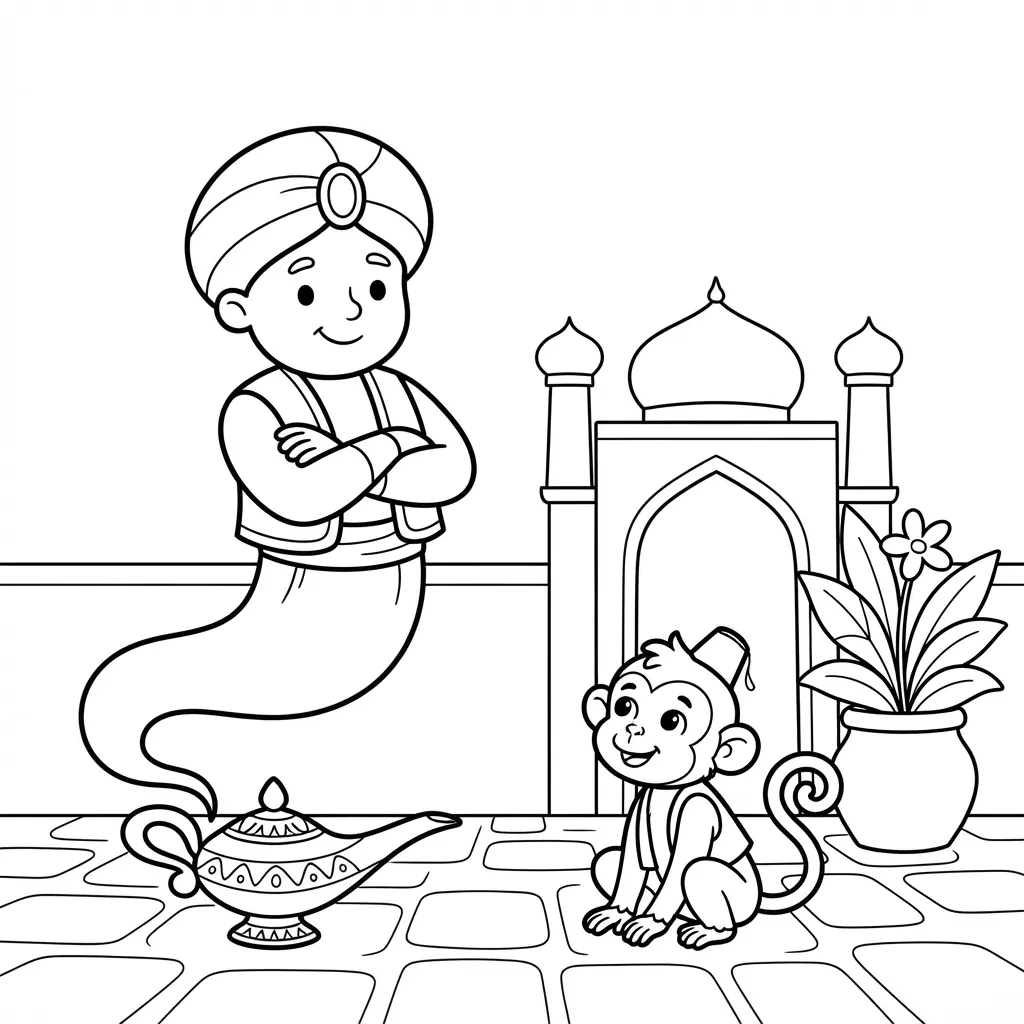 Genie Coloring Page — With a Monkey and Magic Lamp