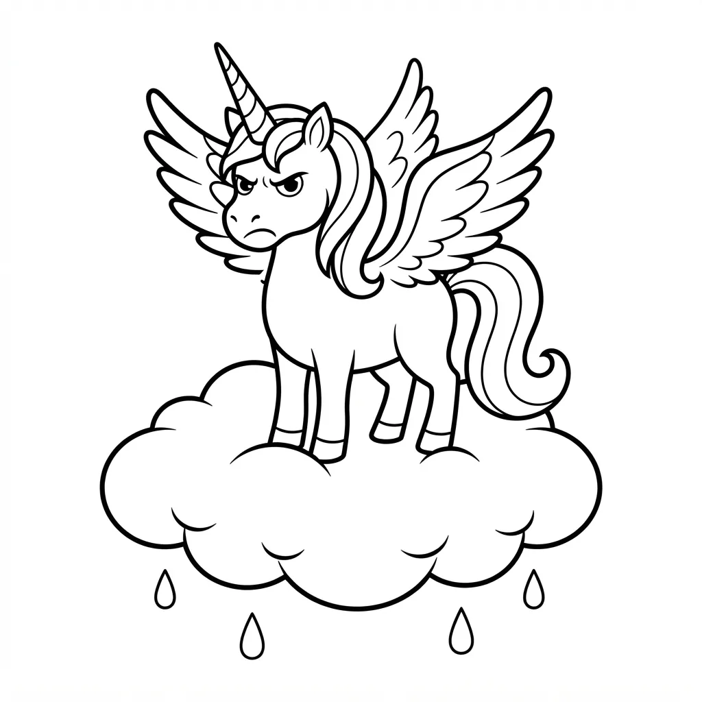 Unicorn Coloring Page — Grumpy Winged on Storm Cloud