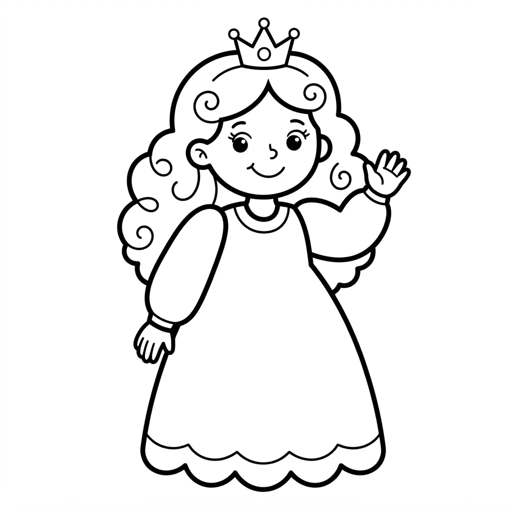 Easy Princess Coloring Page — Waving with Curly Hair
