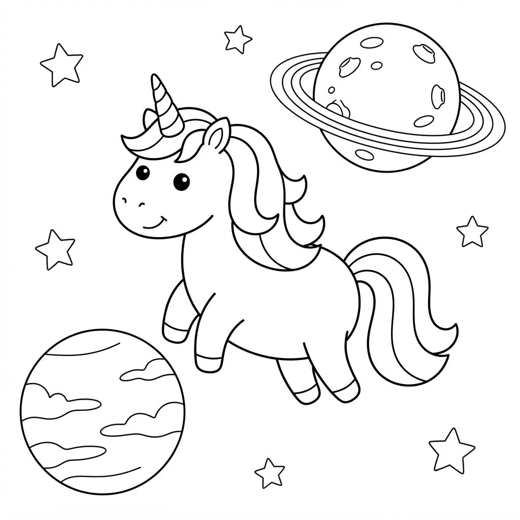 Unicorn Coloring Page — Floating in Space with Planets