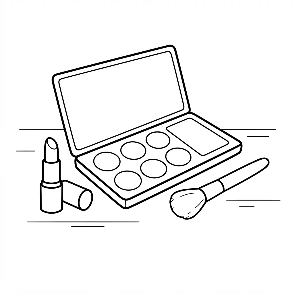 Makeup Coloring Page — Palette and Brushes on Table