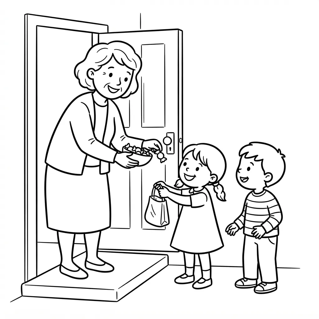 Trick Or Treat Coloring Page — Grandmother Handing Out Candy At The Door