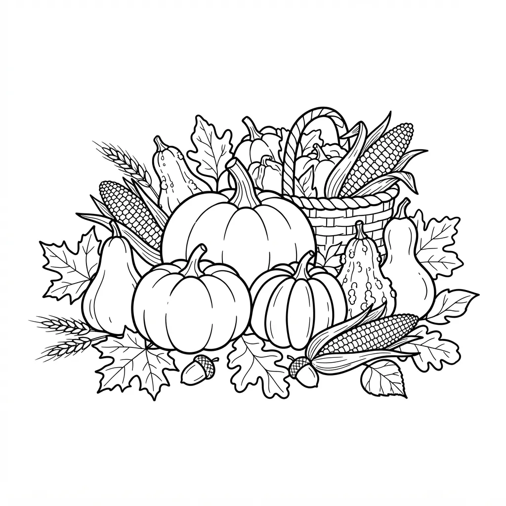 Pumpkin Coloring Page for Adults — Still Life with Gourds and Autumn Leaves