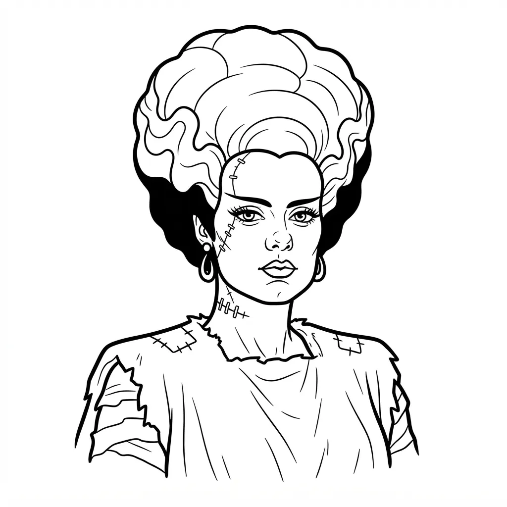Bride Of Frankenstein Coloring Page for Adults — With Tall Swept-Up Hair