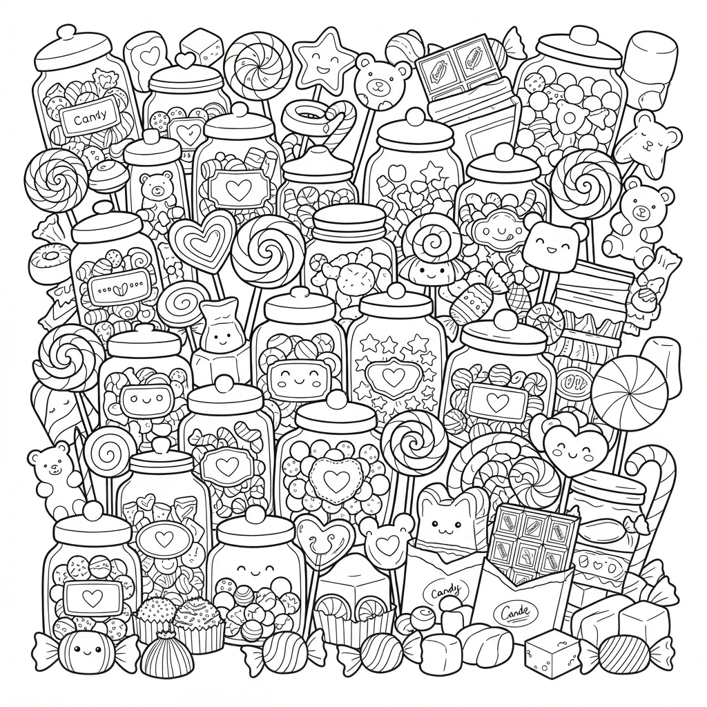 Kawaii Food Coloring Page for Adults — Kawaii Jars and Sweets Collage