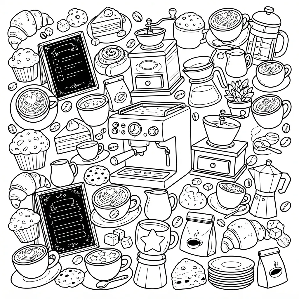 Kawaii Food Coloring Page for Adults — Doodle Collage With Cups and Pastries