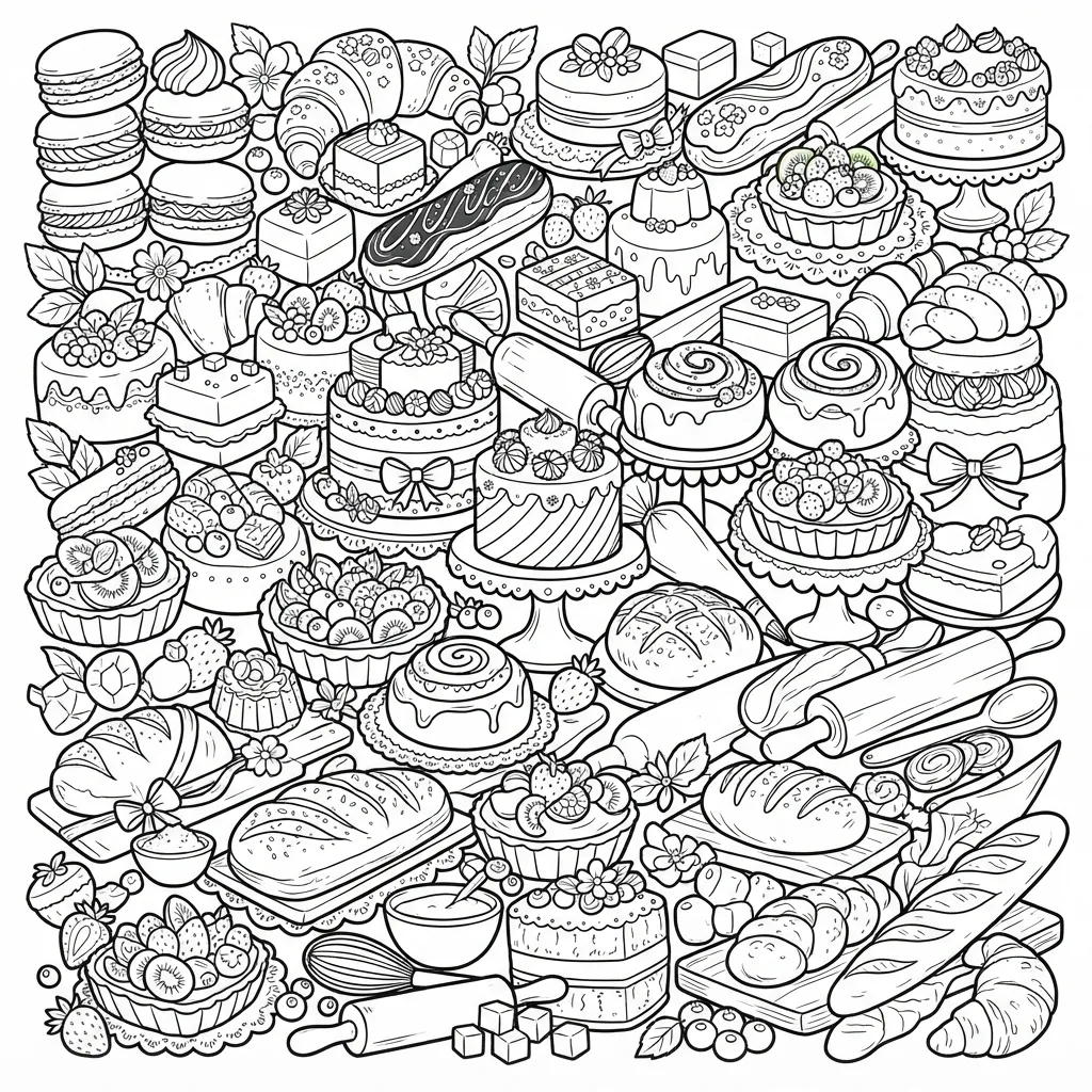 Kawaii Food Coloring Page for Adults — Doodle Collage of Sweet Treats