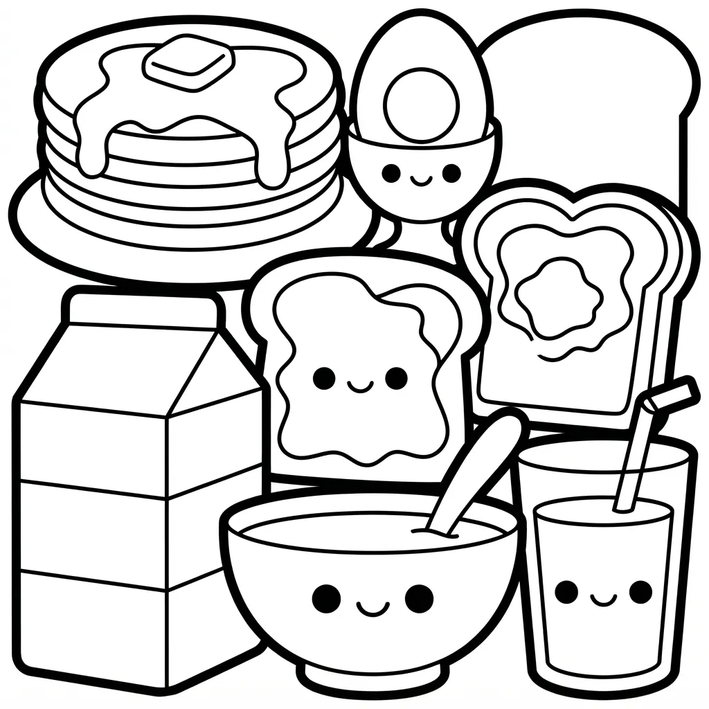 Easy Kawaii Food Coloring Page — Cute Kawaii Breakfast Foods Doodle