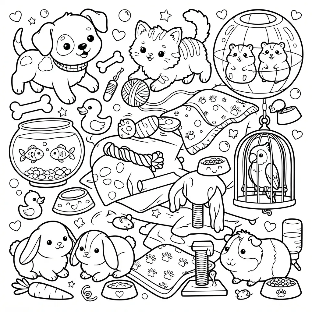 Kawaii Animal Coloring Page — Cute Collage of Animals and Toys