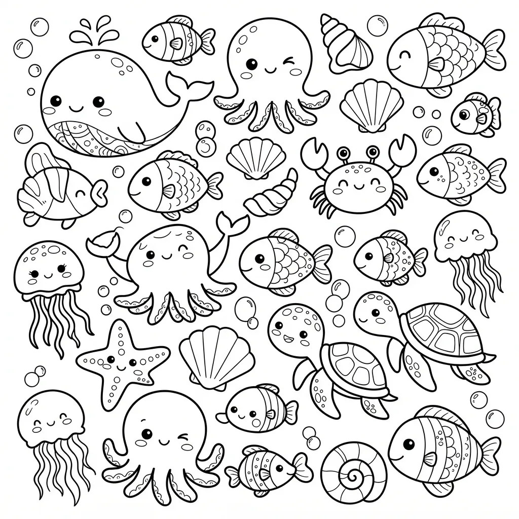 Kawaii Animal Coloring Page — Kawaii Sea Creatures Collage with Bubbles