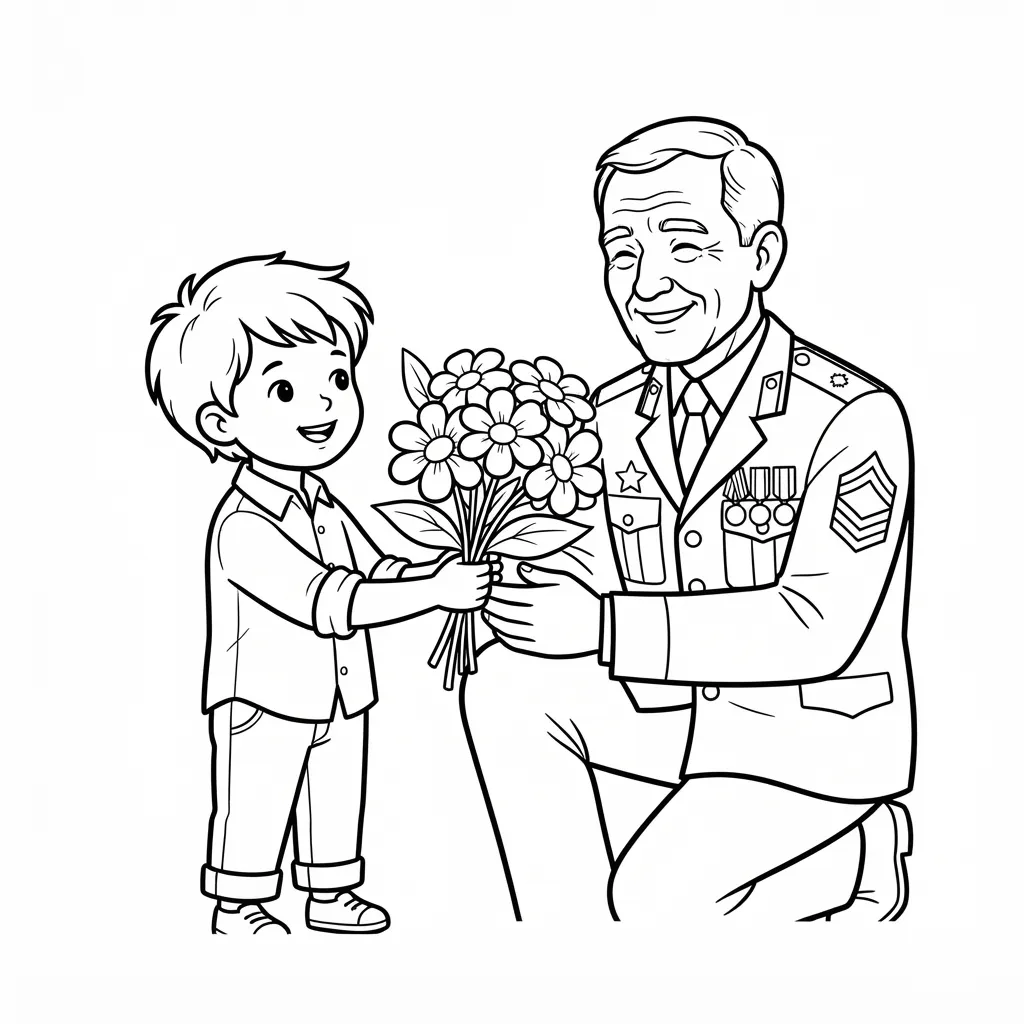 Veterans Day Coloring Page — Child Giving Flowers To A Smiling Veteran