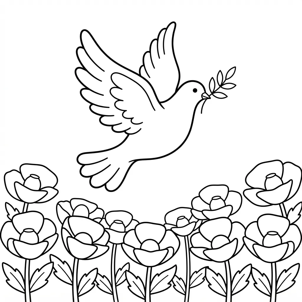 Remembrance Day Coloring Page — Dove Flying Over a Poppy Field
