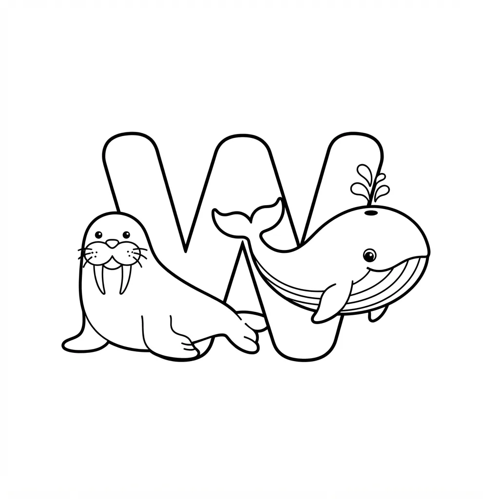 Alphabet Coloring Page — Letter W With Walrus and Whale