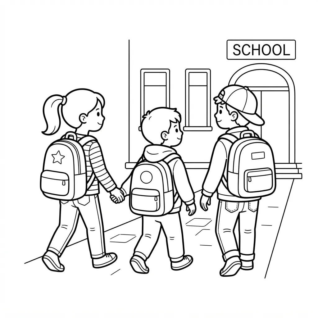 School Coloring Page — Three Students Walking Inside