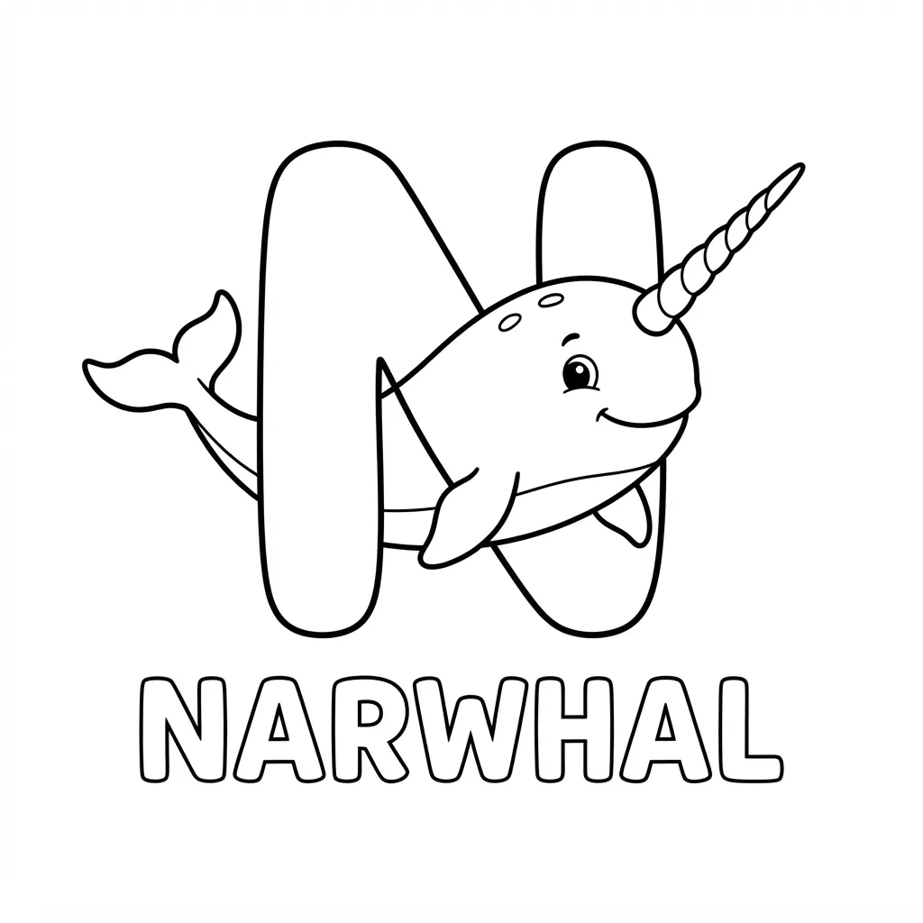 Animal Alphabet Coloring Page — Letter N Is for Narwhal