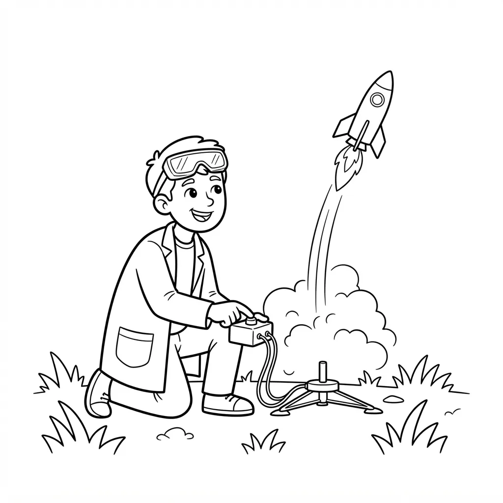 Scientist Coloring Page — Launching a Model Rocket