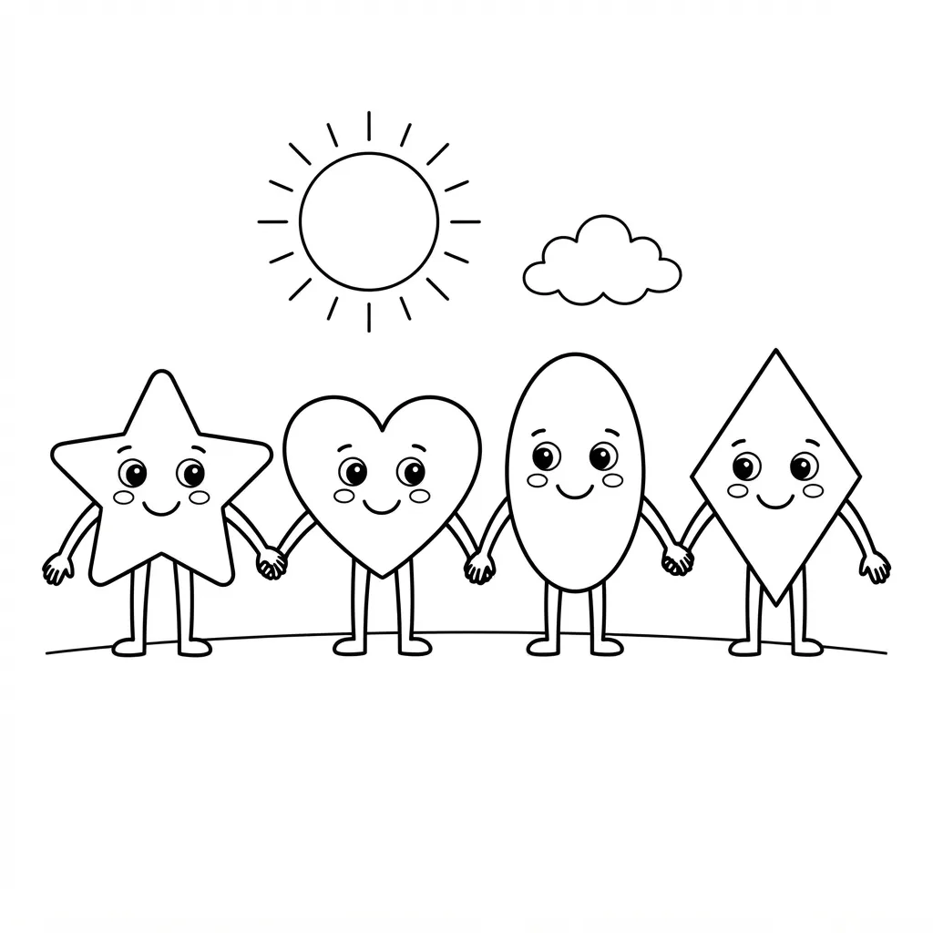 Shape Coloring Page — Friendly Characters Holding Hands