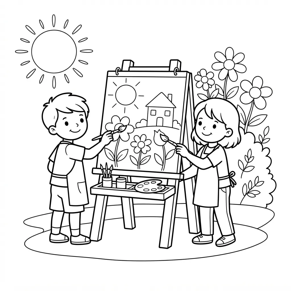Easel Coloring Page — Two Children Sharing an Easel