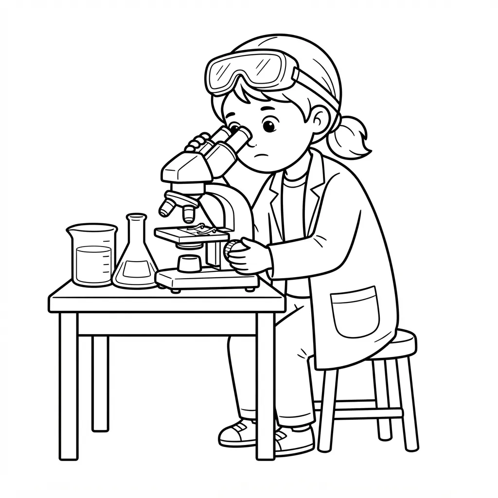 Scientist Coloring Page — Looking Through a Microscope