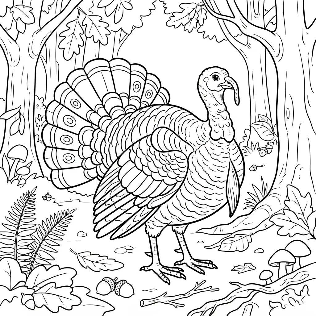 Turkey Coloring Page for Adults — Standing in a Forest Clearing
