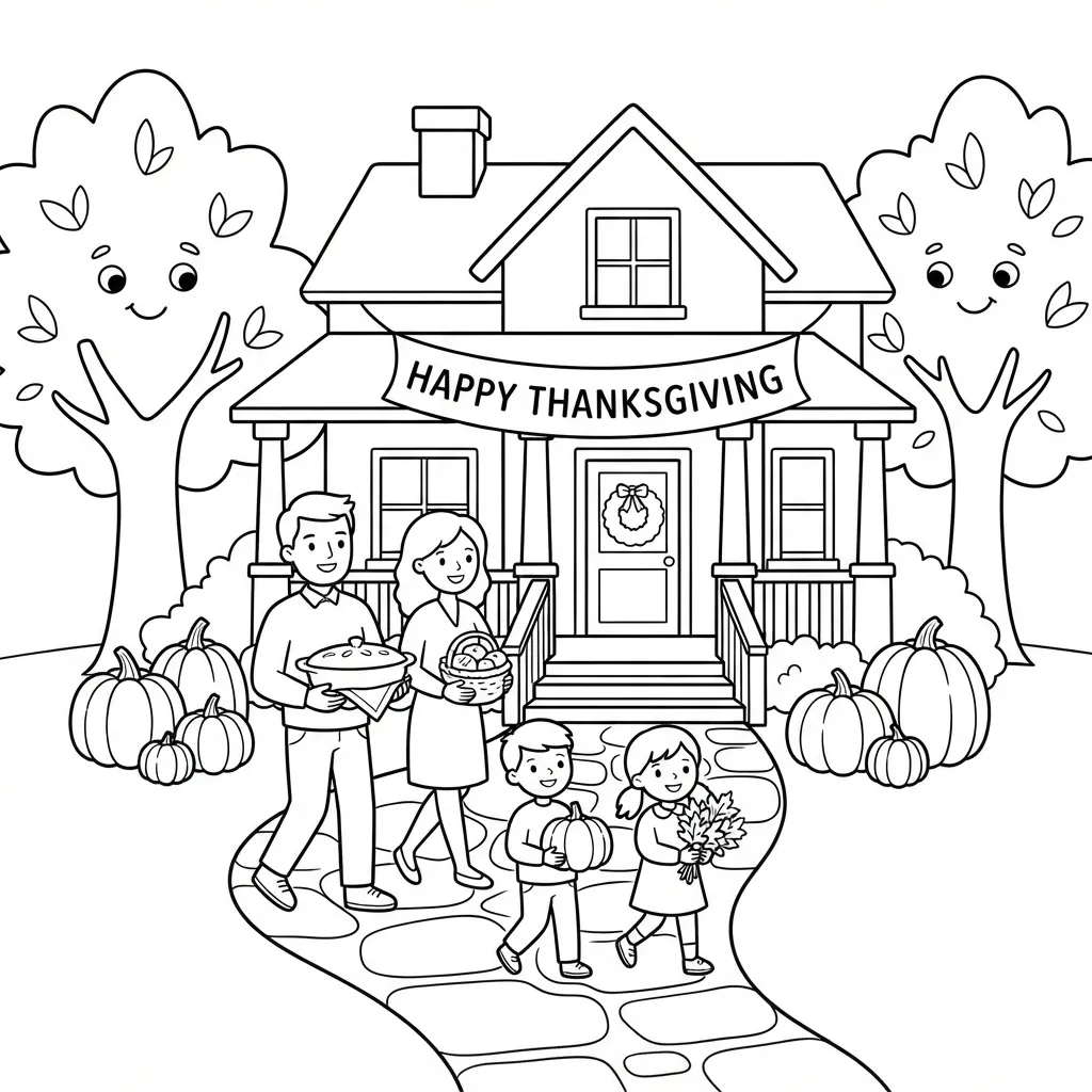 Thanksgiving Coloring Page — Family Arriving at House with Pumpkins