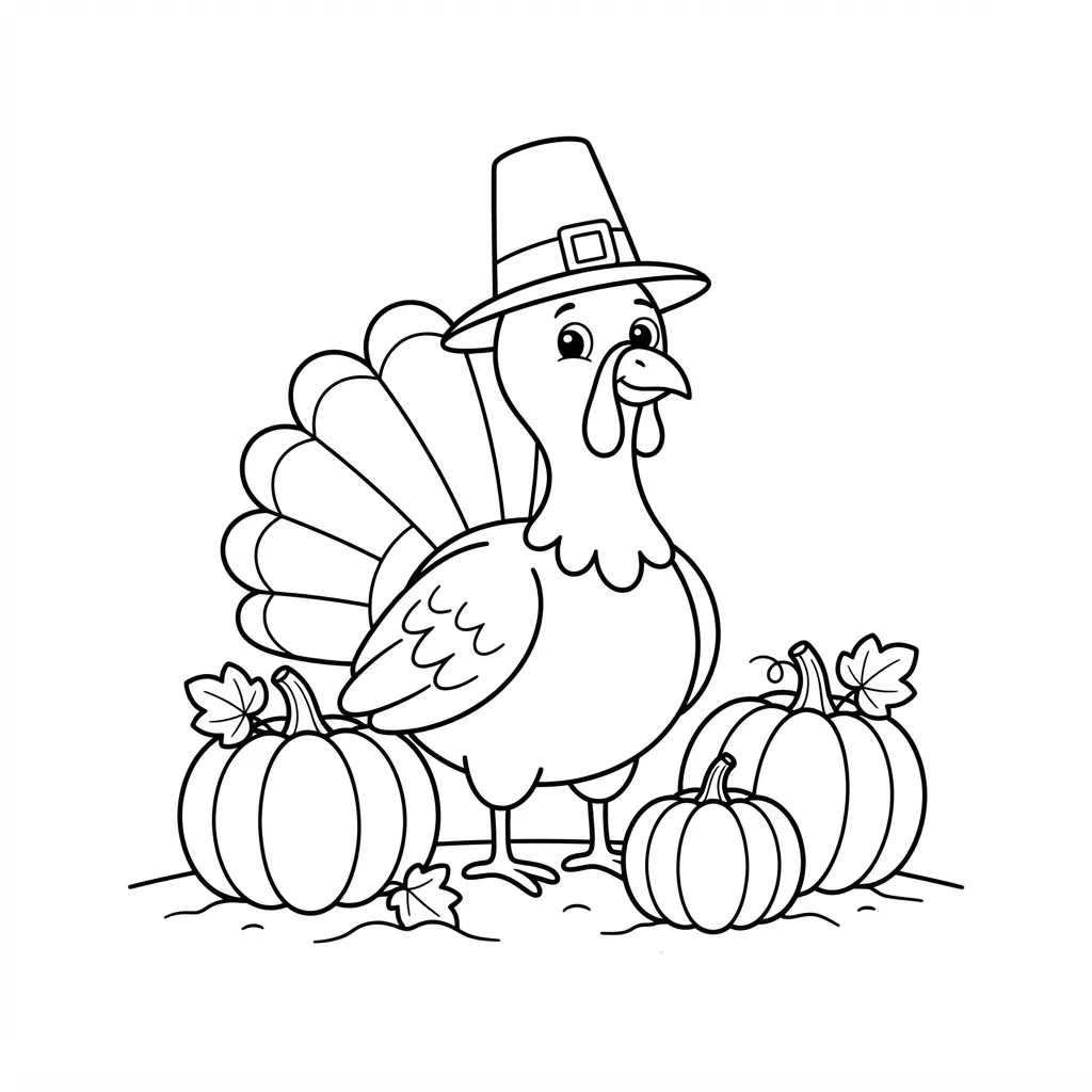 Turkey Coloring Page — Wearing a Pilgrim Hat and Pumpkins